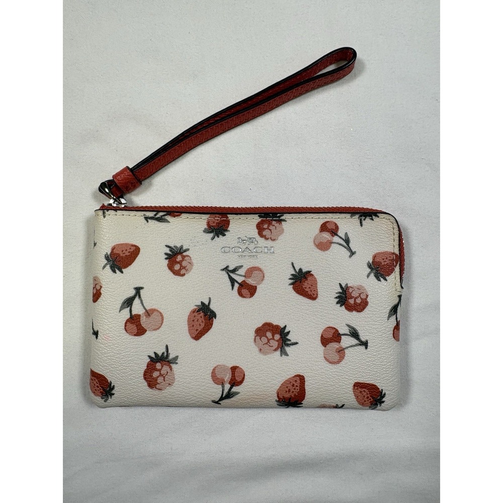 Coach Strawberry Print Corner Zip Wristlet Chalk White Red CBB81 Pouch